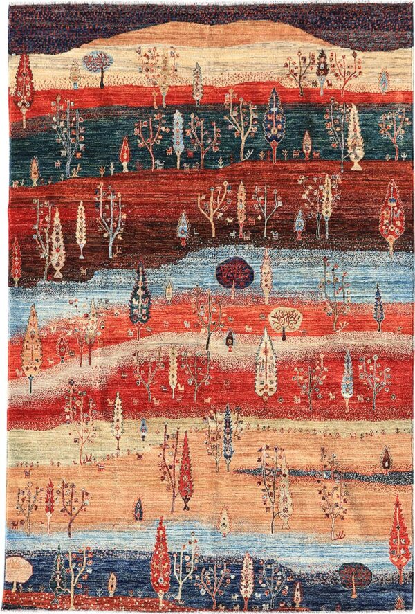 A Gabbeh rug knotted by hand in Afghanistan with hand-carded, hand-spun, vegetable-dyed wool, at Kalyani Rugs 530-997-3486