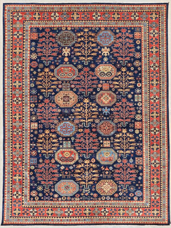 Afghan Tree Kazak rug knotted by hand with hand-carded, hand-spun, vegetable-dyed wool.