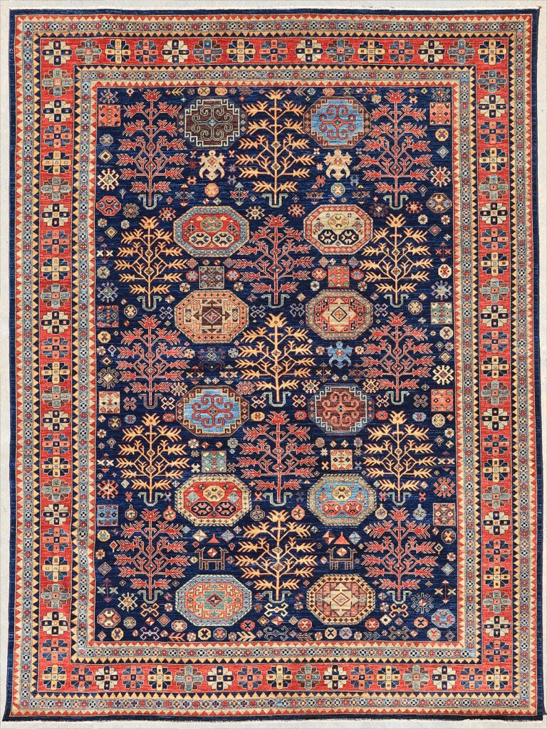 Afghan Tree Kazak rug knotted by hand with hand-carded, hand-spun, vegetable-dyed wool.