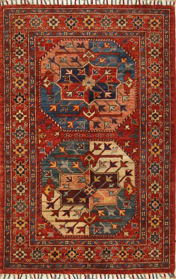 Afghan Turkoman Khiva Gul-i-Gul rug hand-knotted with hand-spun, vegetable-dyed wool.