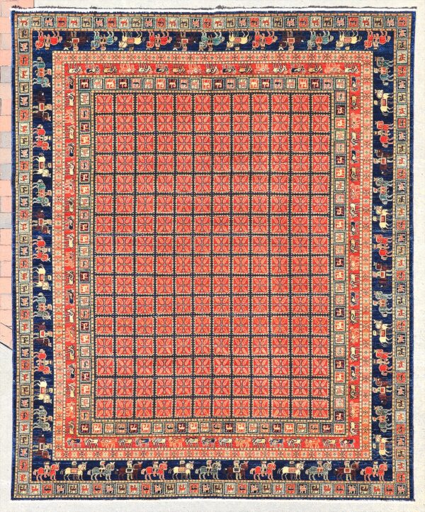 Afghan Pazyryk rug knotted by hand with hand-carded, hand-spun, vegetable-dyed wool. Historic ancient Scythian design.