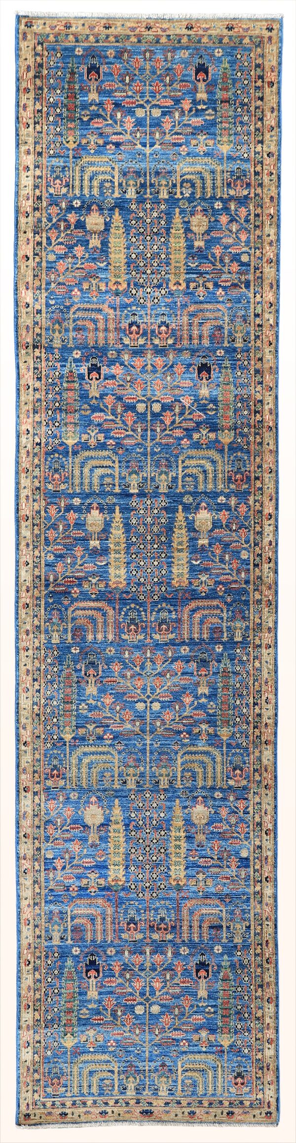 Afghan Bakshaish garden rug knotted by hand with hand-carded, hand-spun, vegetable-dyed wool. All-over tree of life motifs.