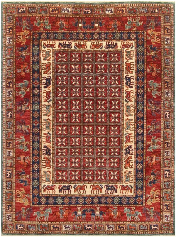 Afghan Pazyryk rug knotted by hand with hand-spun, vegetable-dyed wool. Historic ancient Scythian design.