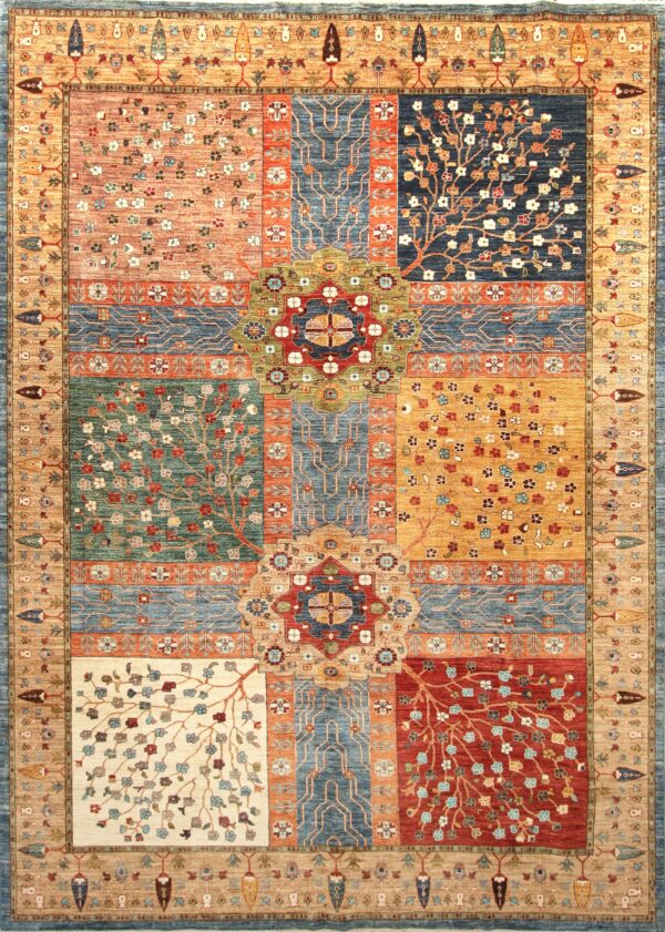 Afghan Safavid garden rug knotted by hand with hand-spun, vegetable-dyed wool.