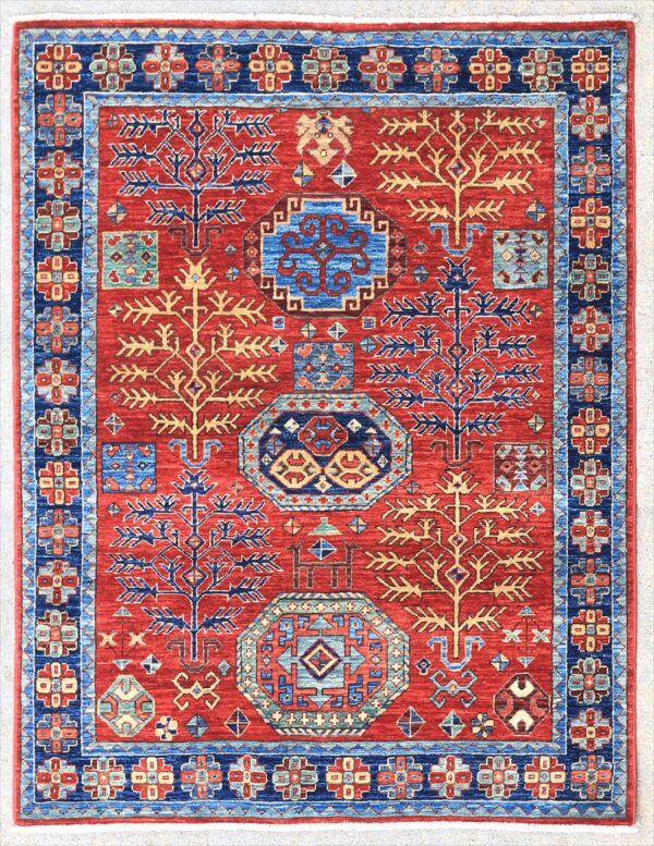 Afghan Tree Kazak rug knotted by hand with hand-carded, hand-spun, vegetable-dyed wool.