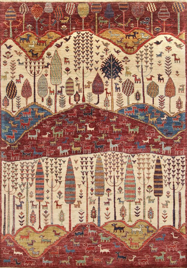 Afghan Bakshaish pictorial mountain and tree rug knotted by hand with hand-spun, vegetable-dyed wool.
