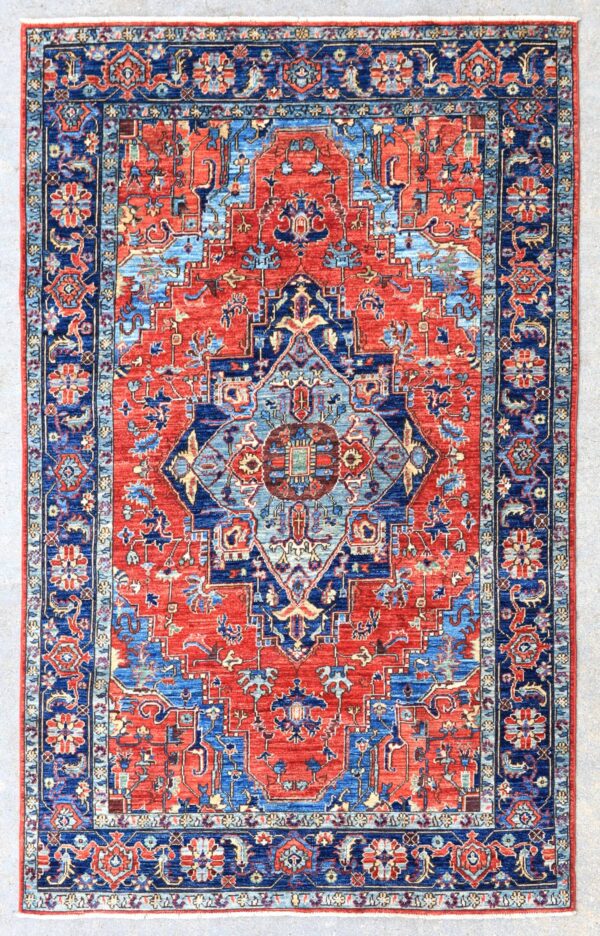 Afghan Heriz center medallion rug knotted by hand with hand-carded, hand-spun, vegetable-dyed wool.