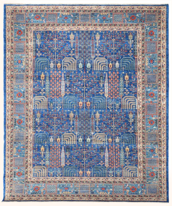 Afghan Bakshaish garden rug knotted by hand with hand-carded, hand-spun, vegetable-dyed wool. All-over tree of life motifs.