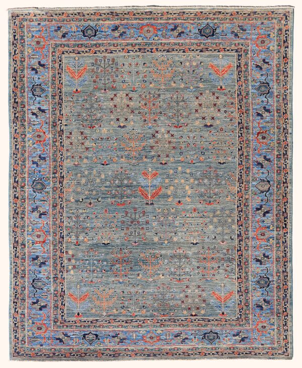 Afghan Bakshaish garden rug knotted by hand with hand-carded, hand-spun, vegetable-dyed wool. All-over tree of life motifs.