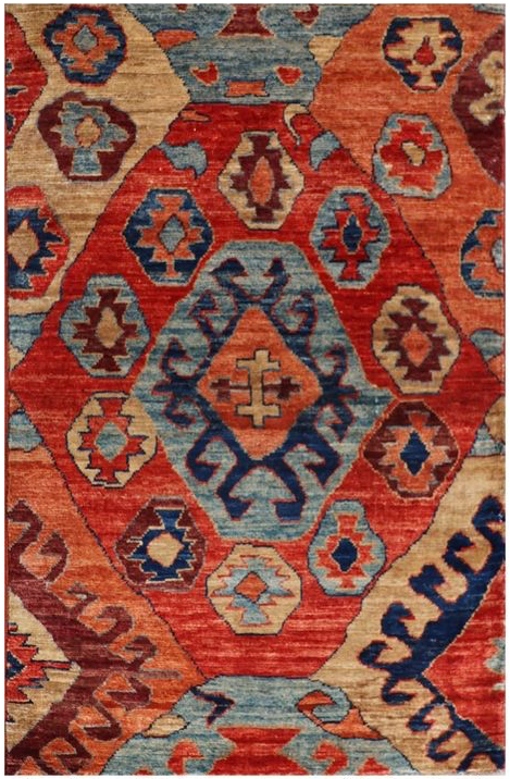 Afghan Konya rug hand-knotted with vegetable-dyed wool. Vibrant jewel tones.
