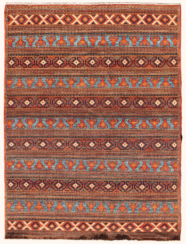 Afghan banded tribal Kurd rug knotted by hand with hand-carded, hand-spun, vegetable-dyed wool.