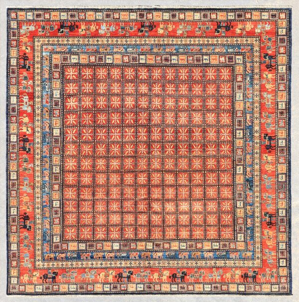 Afghan Pazyryk rug knotted by hand with hand-carded, hand-spun, vegetable-dyed wool. Historic ancient Scythian design.