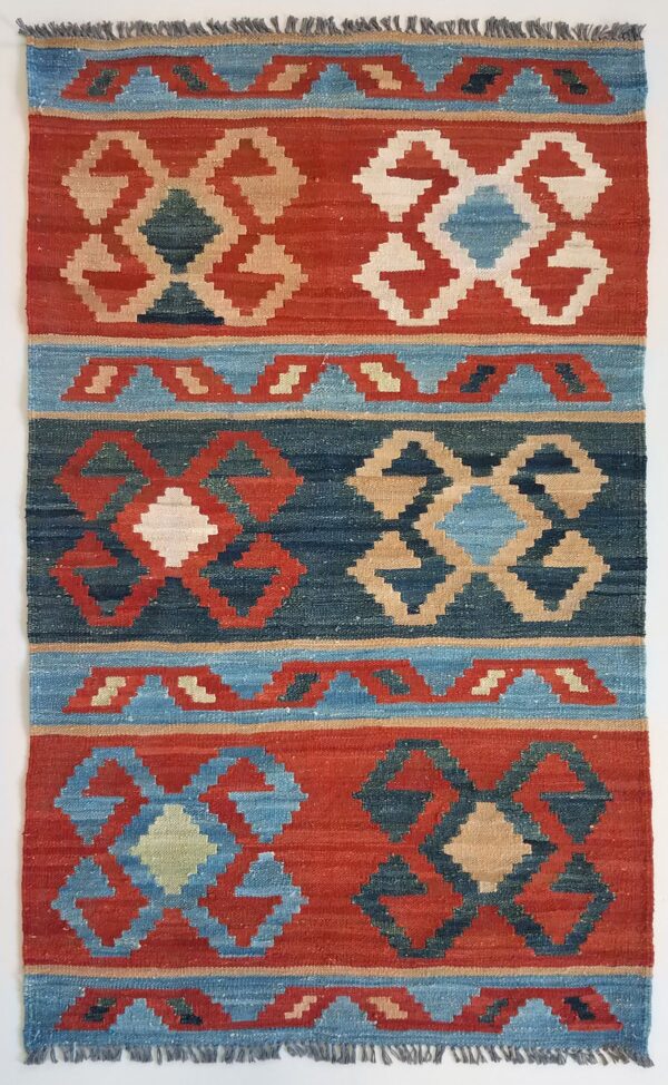 Afghan Mogoli kilim flat-weave rug woven by hand with hand-carded, hand-spun, natural-dyed wool.