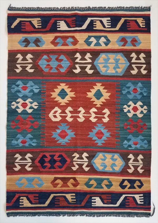 Afghan Mogoli kilim flat-weave rug woven by hand with hand-carded, hand-spun, natural-dyed wool.
