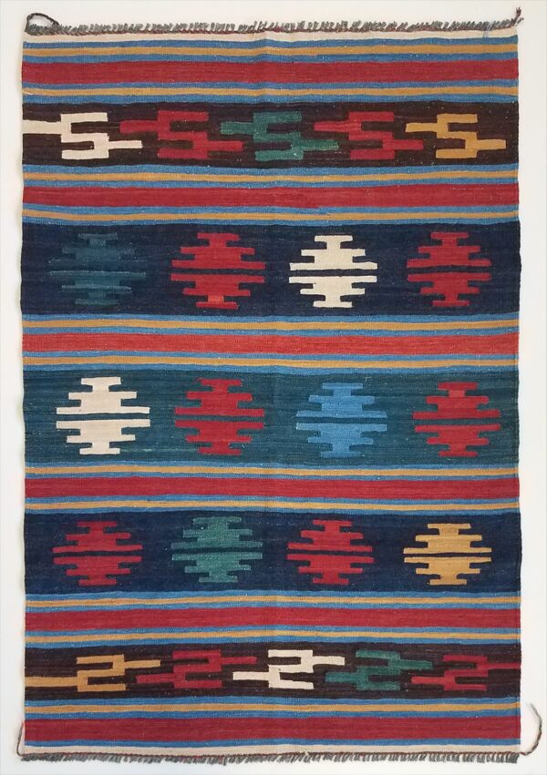 Afghan Mogoli kilim flat-weave rug woven by hand with hand-carded, hand-spun, natural-dyed wool.
