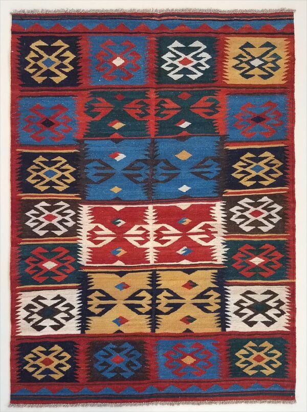 Afghan Mogoli kilim flat-weave rug woven by hand with hand-carded, hand-spun, natural-dyed wool.