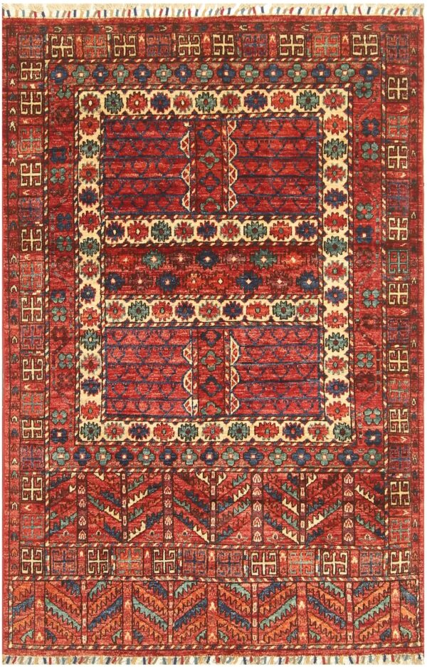 Afghan Turkoman Ersari Hatchli rug hand-knotted with vegetable-dyed wool.