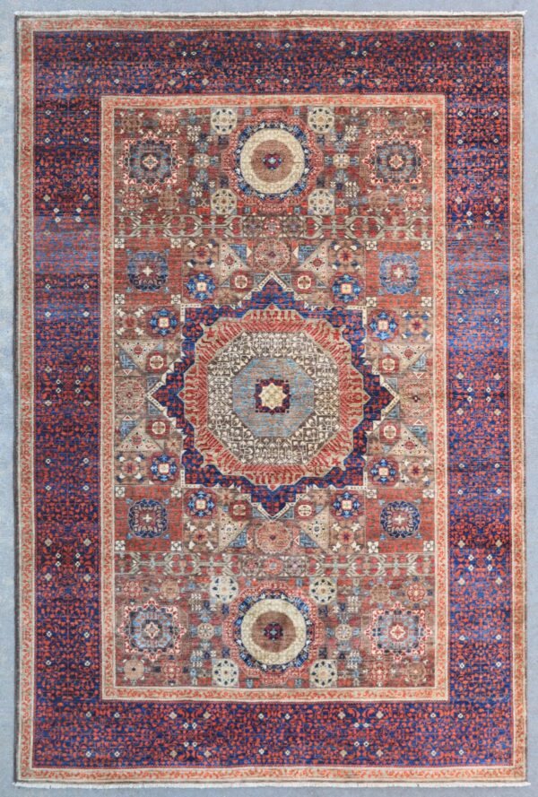 Afghan Mamluk garden medallion rug knotted by hand with hand-carded, hand-spun, vegetable-dyed wool.