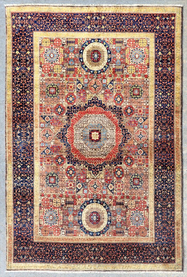 Afghan Mamluk garden medallion rug knotted by hand with hand-carded, hand-spun, vegetable-dyed wool.
