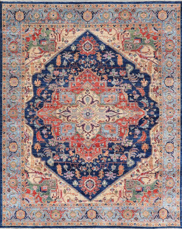 Afghan Heriz center medallion rug knotted by hand with hand-carded, hand-spun, vegetable-dyed wool.