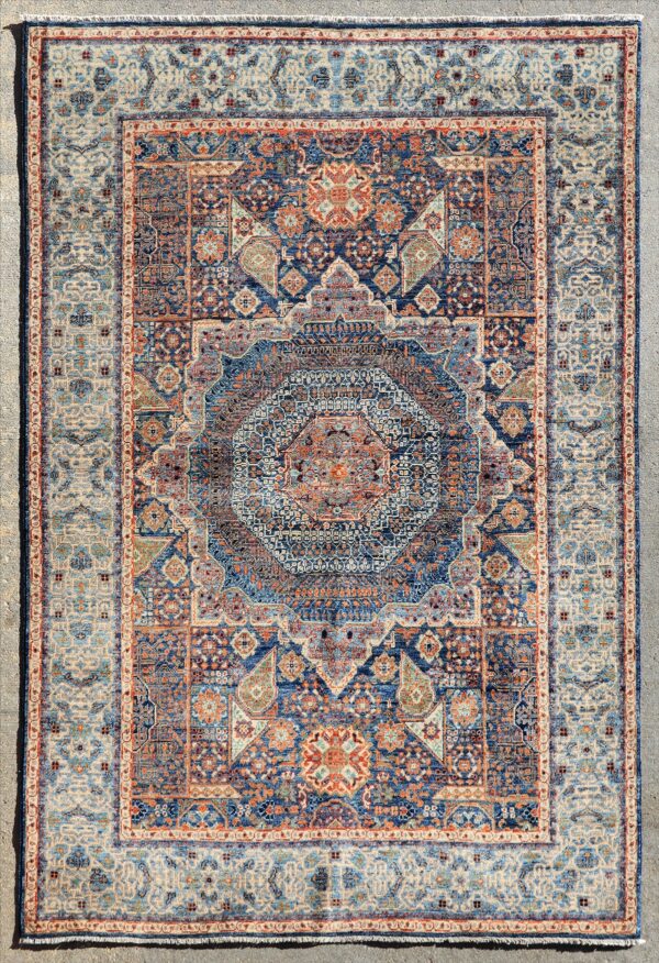 Afghan Mamluk garden medallion rug knotted by hand with hand-carded, hand-spun, vegetable-dyed wool.