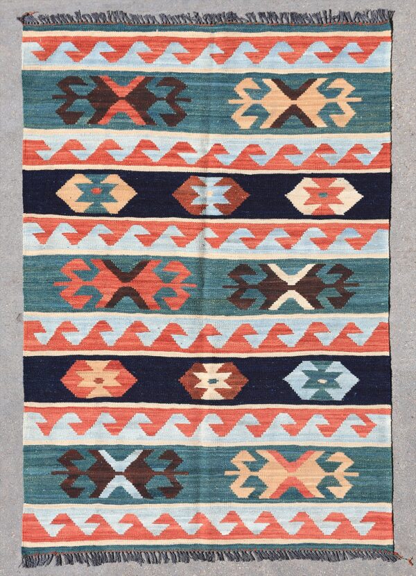 Afghan Mogoli kilim flat-weave rug woven by hand with hand-carded, hand-spun, natural-dyed wool.