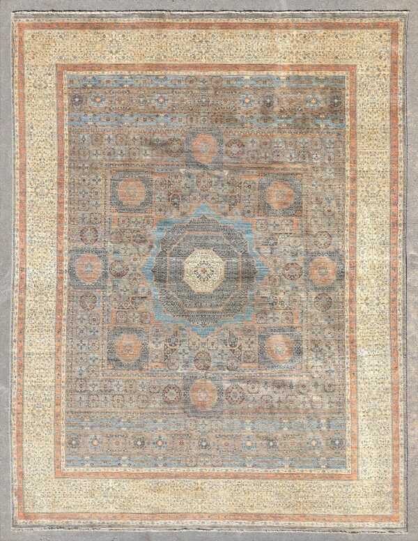 Afghan Mamluk garden medallion rug knotted by hand with hand-carded, hand-spun, vegetable-dyed wool.