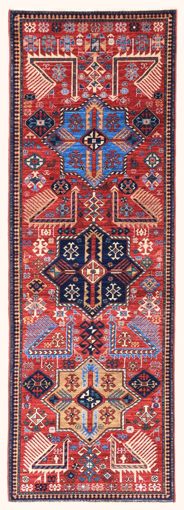 Afghan Akstafa Kazak rug knotted by hand with hand-spun, vegetable-dyed wool.