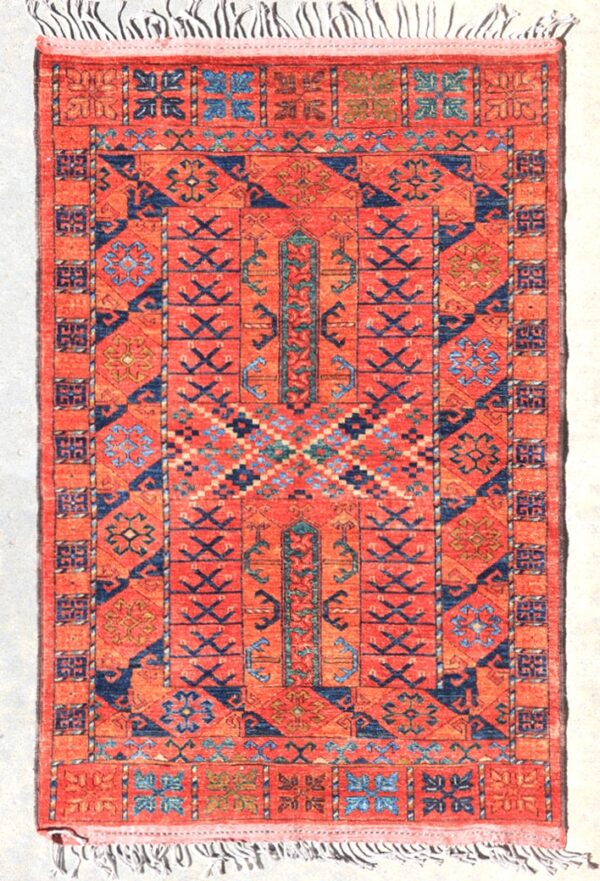 Afghan Turkoman Ersari Hatchli rug hand-knotted with hand-carded, hand-spun, vegetable-dyed wool.