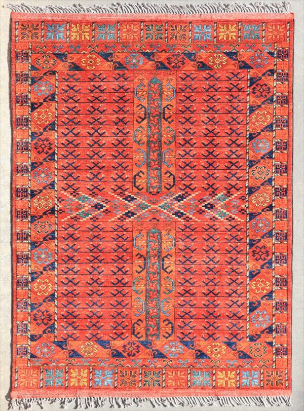 Afghan Turkoman Ersari Hatchli rug hand-knotted with hand-carded, hand-spun, vegetable-dyed wool.