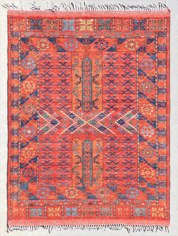 Afghan Turkoman Ersari Hatchli rug hand-knotted with hand-carded, hand-spun, vegetable-dyed wool.