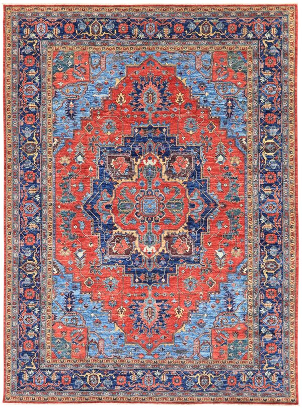 Afghan Heriz center medallion rug knotted by hand with hand-carded, hand-spun, vegetable-dyed wool.