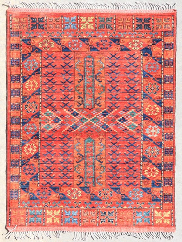 Afghan Turkoman Ersari Hatchli rug hand-knotted with hand-carded, hand-spun, vegetable-dyed wool.