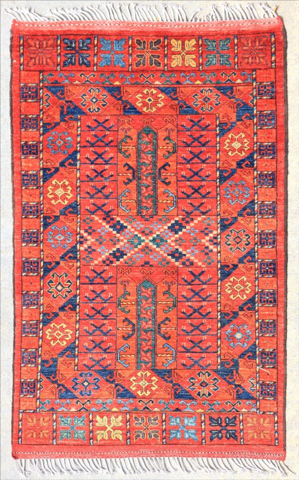 Afghan Turkoman Ersari Hatchli rug hand-knotted with hand-carded, hand-spun, vegetable-dyed wool.