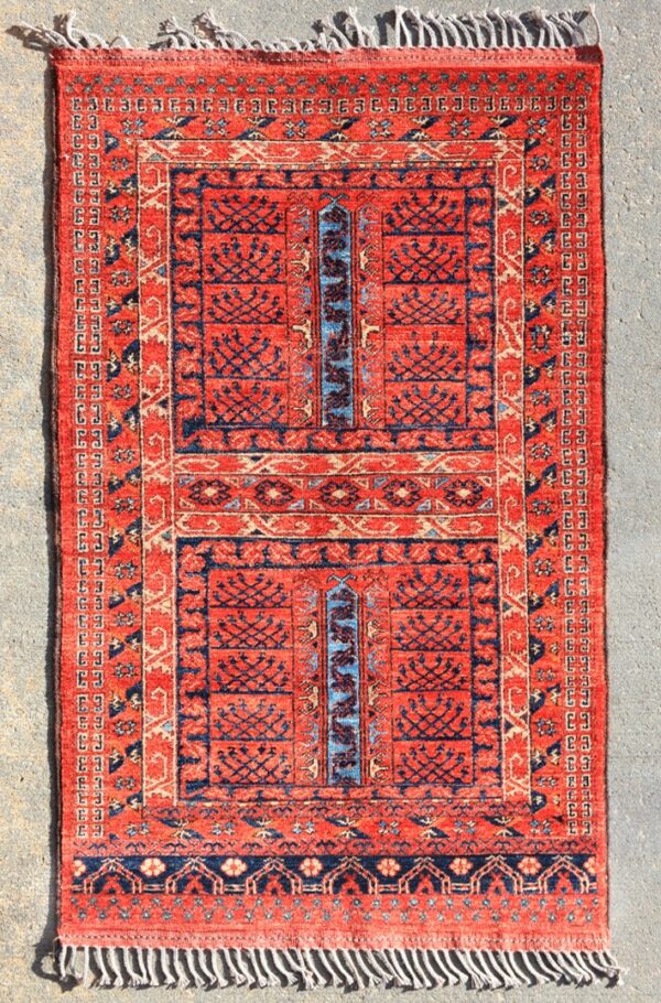 Afghan Turkoman Ersari Hatchli rug hand-knotted with hand-carded, hand-spun, vegetable-dyed wool.