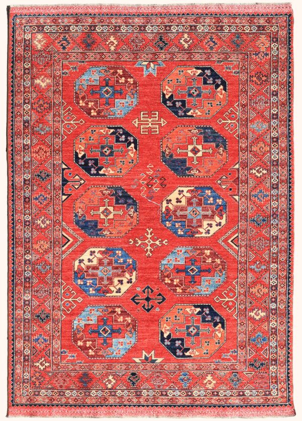 Afghan Turkoman Khiva Gul-i-Gul rug hand-knotted with hand-carded, hand-spun, vegetable-dyed wool.