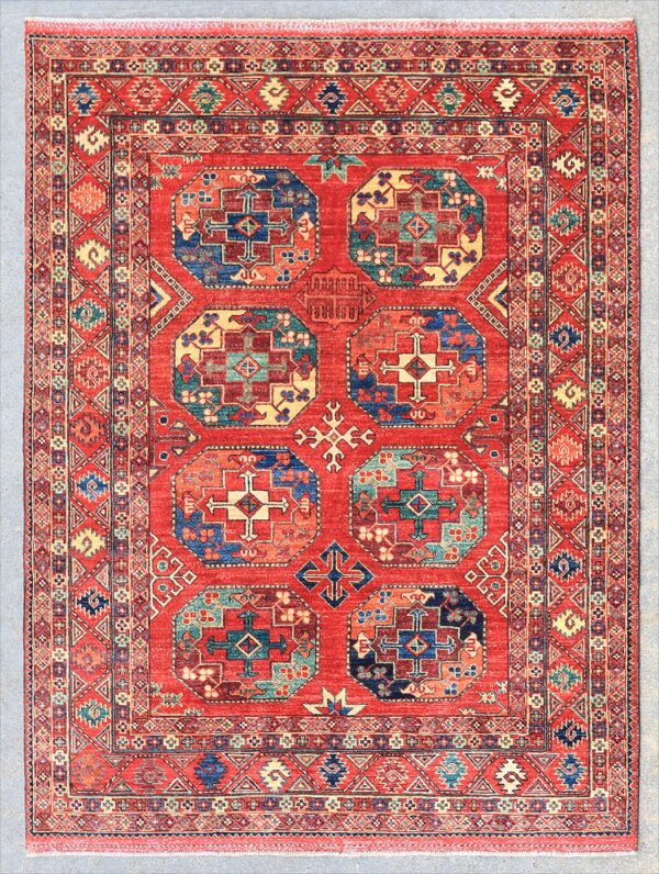 Afghan Turkoman Khiva Gul-i-Gul rug hand-carded, hand-knotted with hand-spun, vegetable-dyed wool.