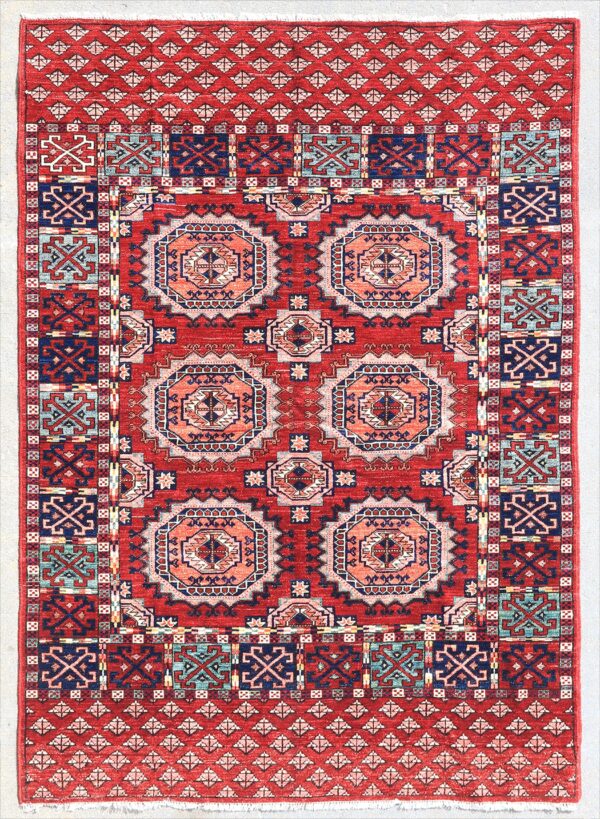Afghan Turkoman Salor Gul rug knotted by hand with hand-carded, hand-spun, vegetable-dyed wool.