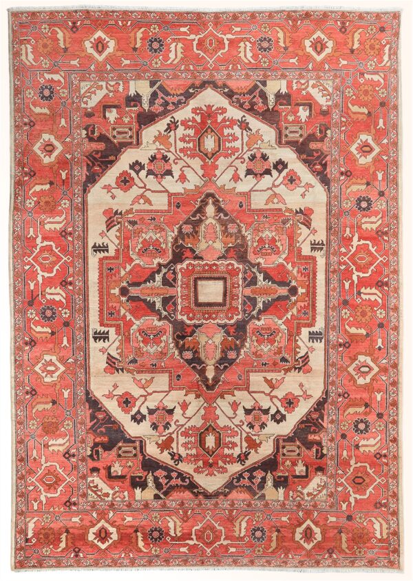 Afghan Serapi center medallion rug knotted by hand with hand-carded, hand-spun, vegetable-dyed wool.