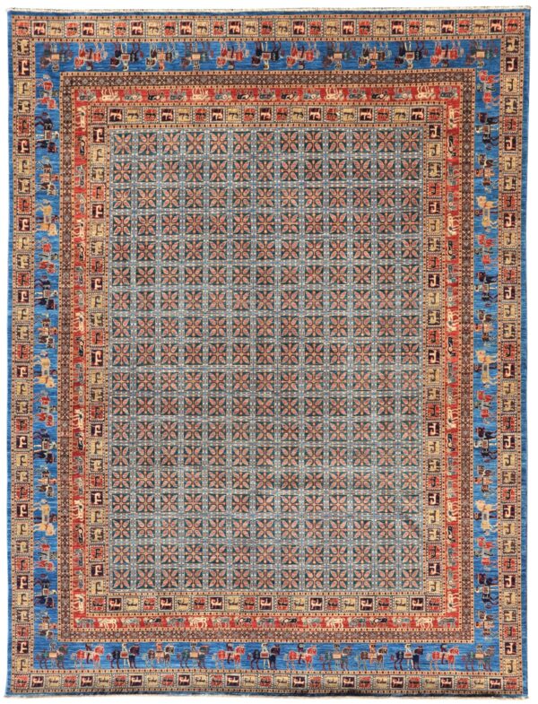 Afghan Pazyryk rug knotted by hand with hand-carded, hand-spun, vegetable-dyed wool. Historic ancient Scythian design.