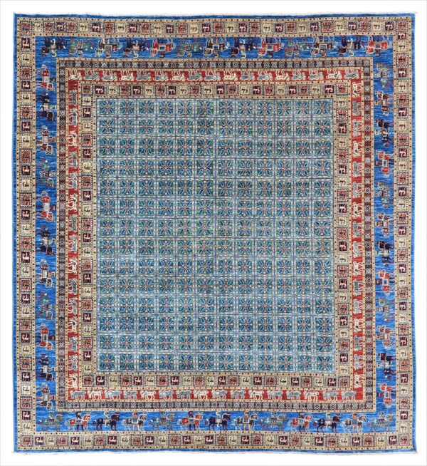 Afghan Pazyryk rug knotted by hand with hand-carded, hand-spun, vegetable-dyed wool. Historic ancient Scythian design.