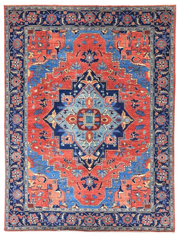 Afghan Heriz center medallion rug knotted by hand with hand-carded, hand-spun, vegetable-dyed wool.