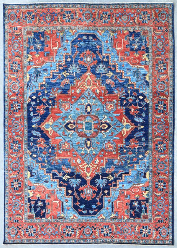 Afghan Heriz center medallion rug knotted by hand with hand-carded, hand-spun, vegetable-dyed wool.