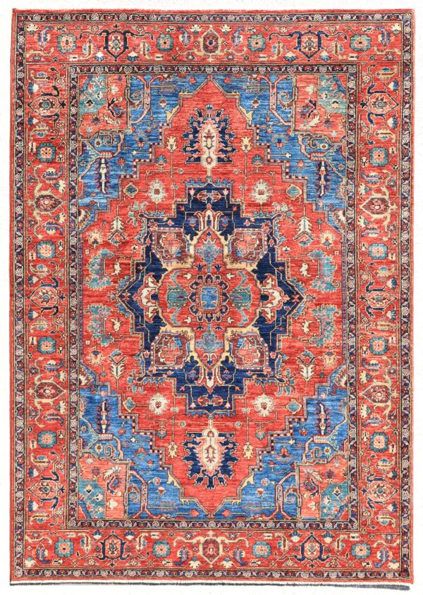 Afghan Heriz center medallion rug knotted by hand with hand-carded, hand-spun, vegetable-dyed wool.