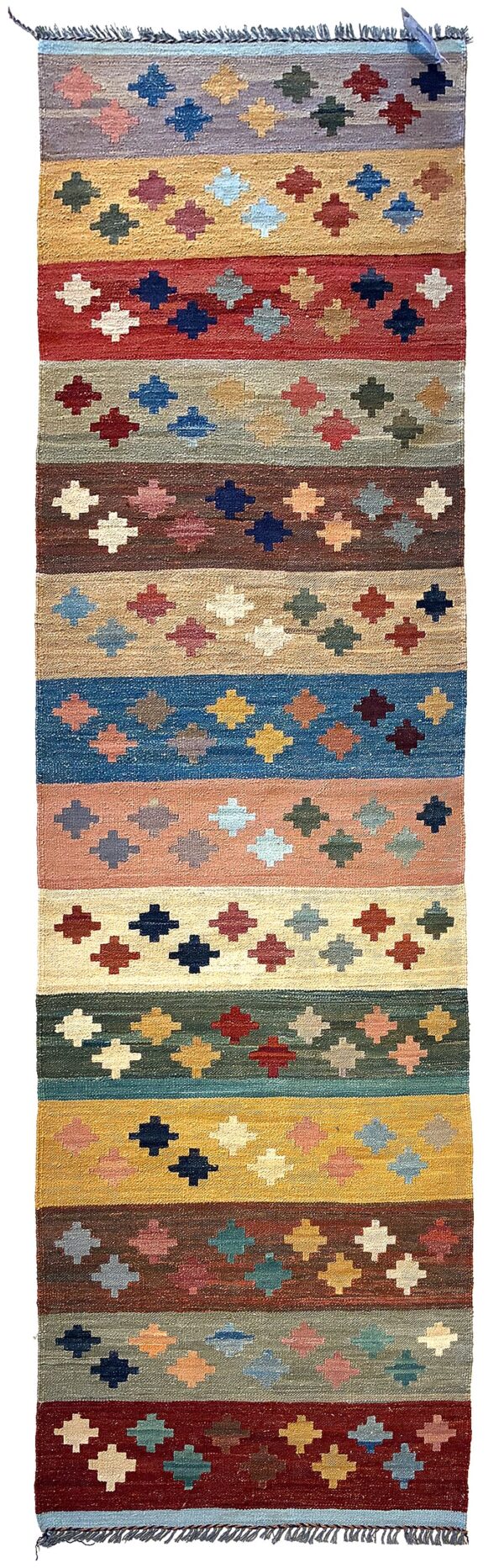 Afghan Mogoli kilim flat-weave rug woven by hand with hand-carded, hand-spun, natural-dyed wool.