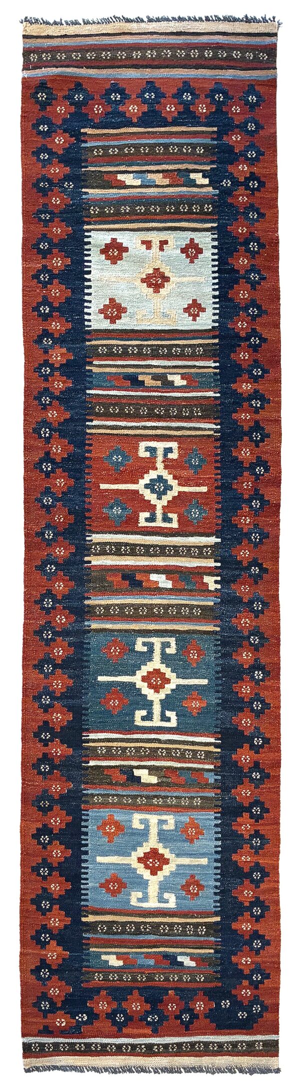 Afghan Mogoli kilim flat-weave rug woven by hand with hand-carded, hand-spun, natural-dyed wool.