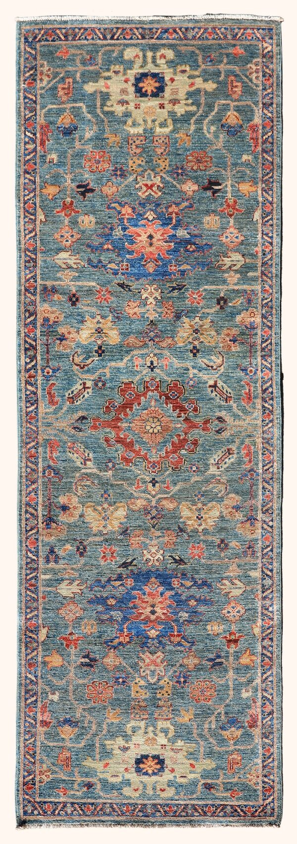 Afghan Oushak rug knotted by hand with hand-carded, hand-spun, vegetable-dyed wool.