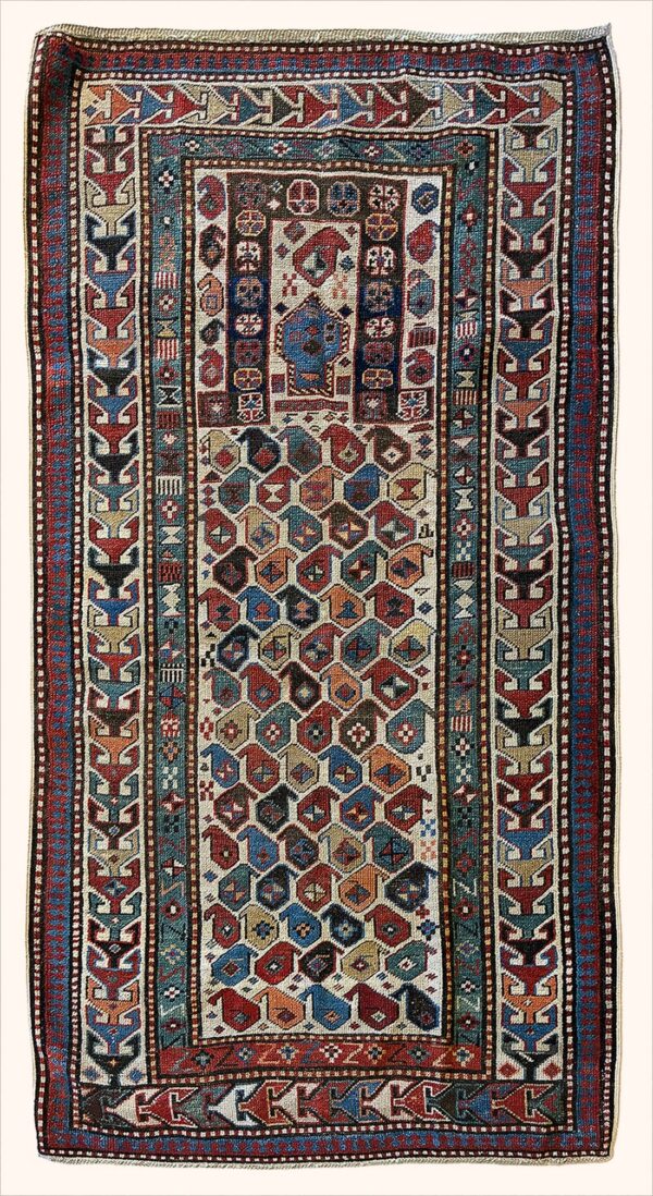Antique Caucasian Akstafa Prayer Kazak rug knotted by hand with hand-carded, hand-spun, vegetable-dyed wool.