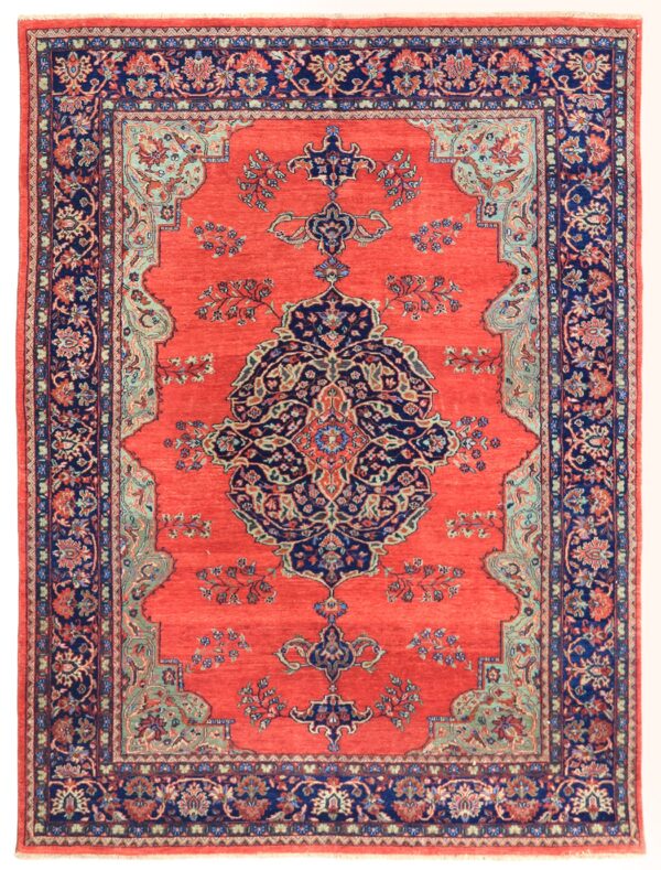 Center medallion Sarouk rug, hand-knotted in India with hand-carded, hand-spun, vegetable-dyed wool.