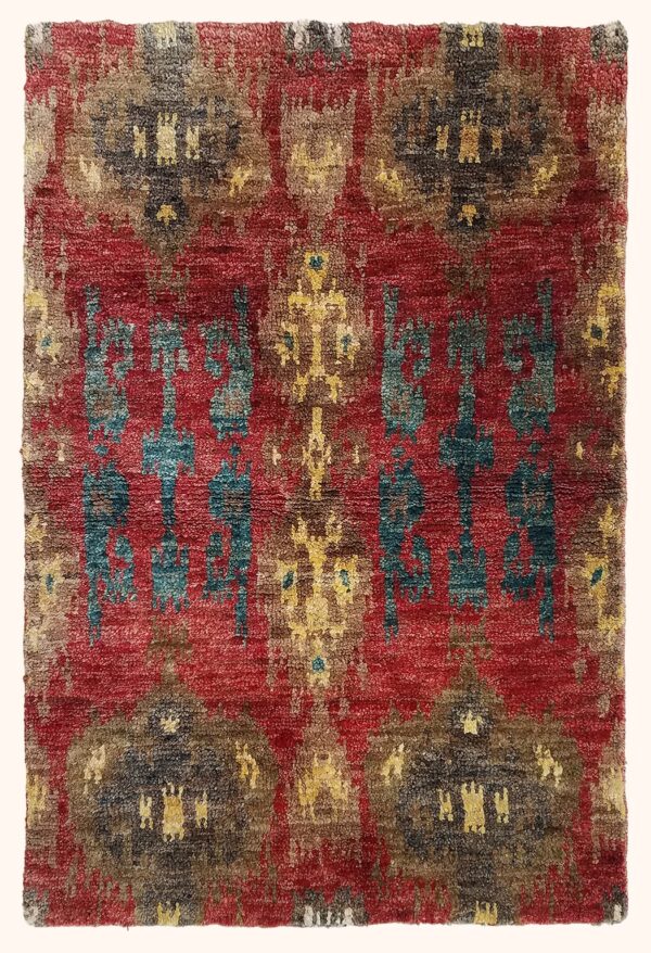 Ikat rug hand-knotted in India with natural hemp yarn.